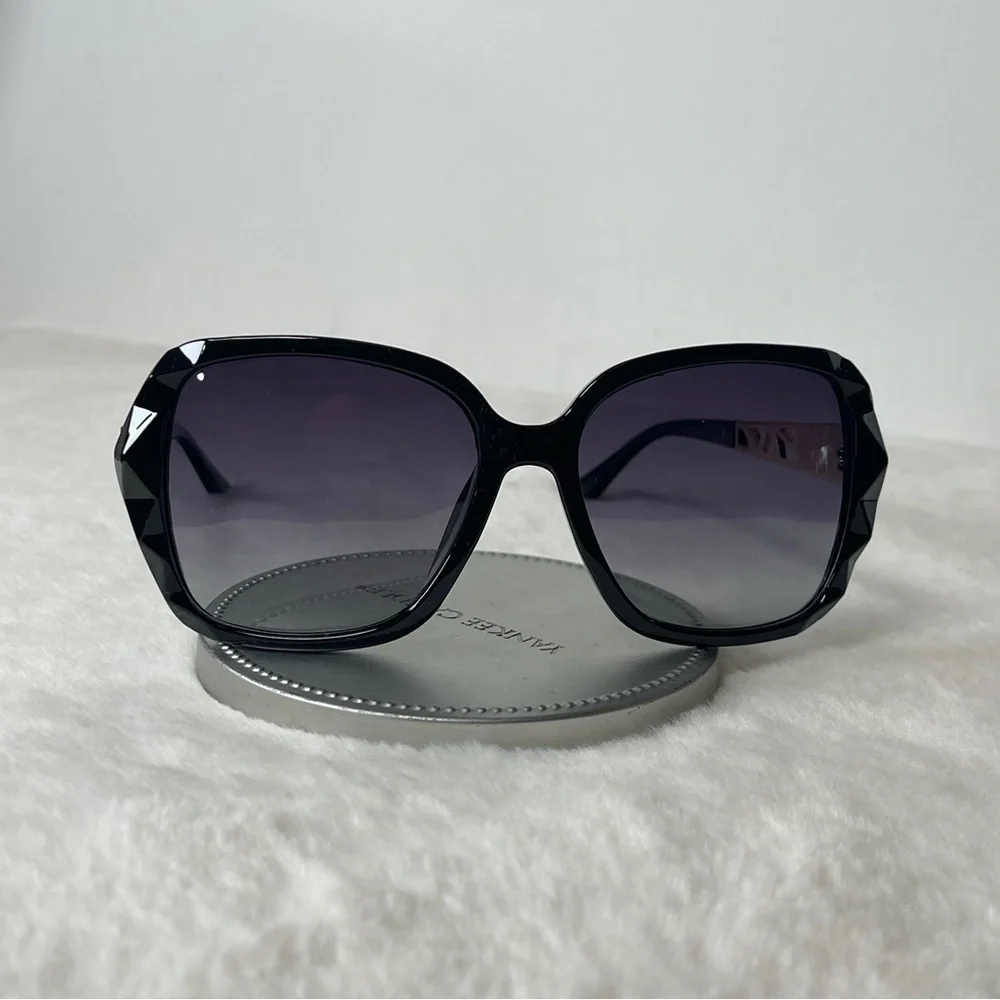 Black & Gold Oversized Square Sunglasses Polarized Tinted w Crystal Frames Nwt
